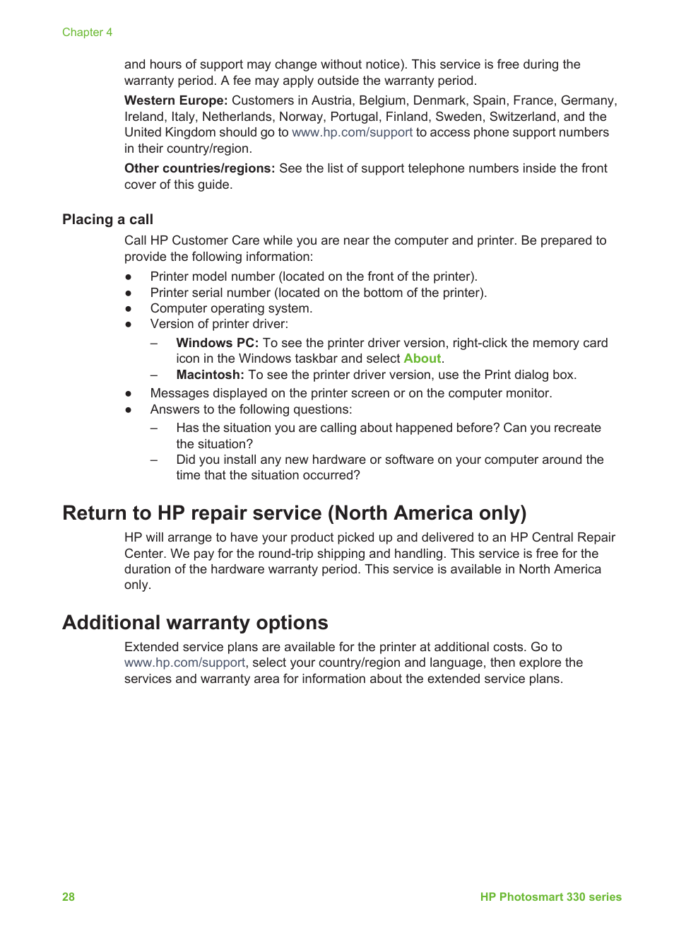 Placing a call, Return to hp repair service (north america only), Additional warranty options | Limited warranty statement | HP Q6377A User Manual | Page 34 / 40