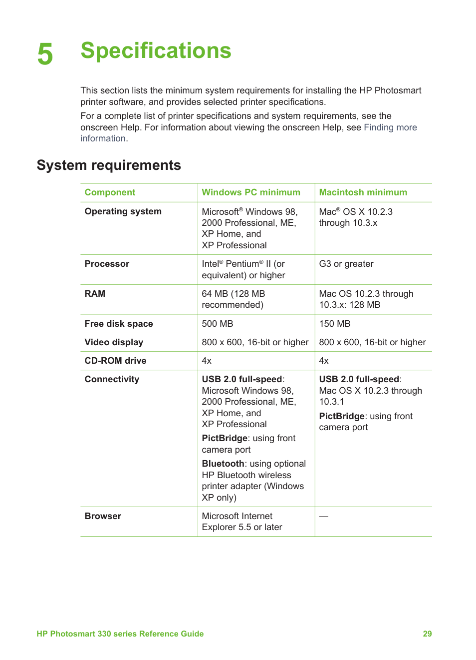 Specifications, System requirements | HP Q6377A User Manual | Page 36 / 40