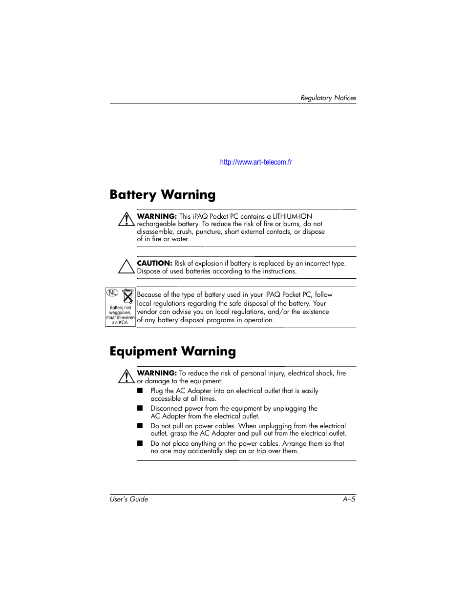 Battery warning, Equipment warning | HP h6300 User Manual | Page 181 / 190