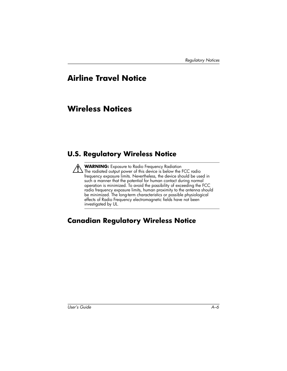 Airline travel notice, Wireless notices, U.s. regulatory wireless notice | Canadian regulatory wireless notice | HP h6300 User Manual | Page 182 / 190