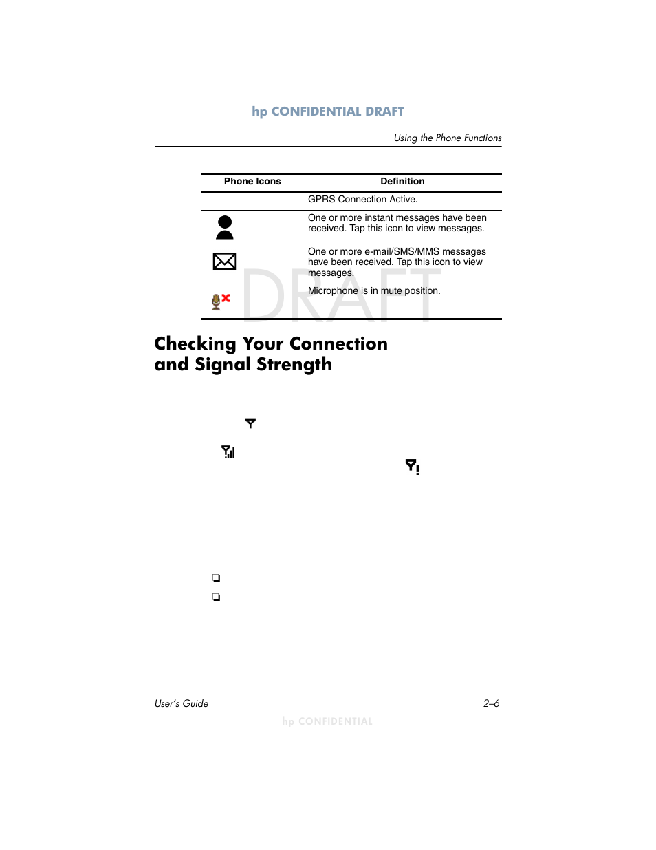 Draft, Checking your connection and signal strength | HP h6300 User Manual | Page 28 / 190