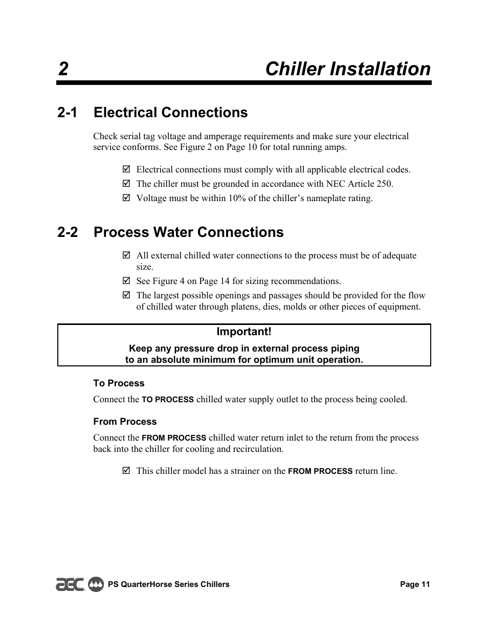 2chiller installation, 1 electrical connections, 2 process water connections | HP QuarterHorse Series 0.25 hp Portable Chiller PS-025 User Manual | Page 11 / 28