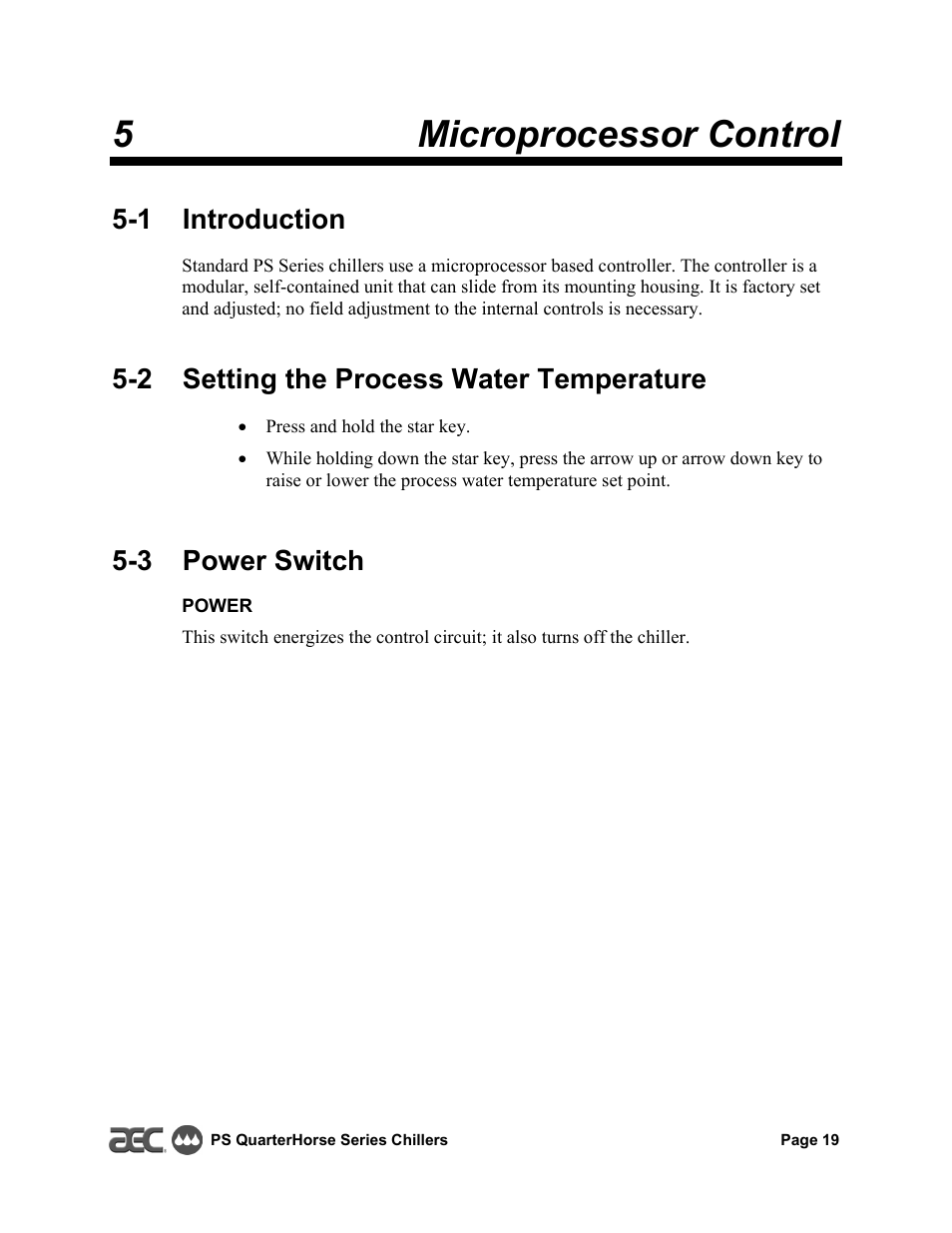 5microprocessor control, 1 introduction, 2 setting the process water temperature | 3 power switch | HP QuarterHorse Series 0.25 hp Portable Chiller PS-025 User Manual | Page 19 / 28