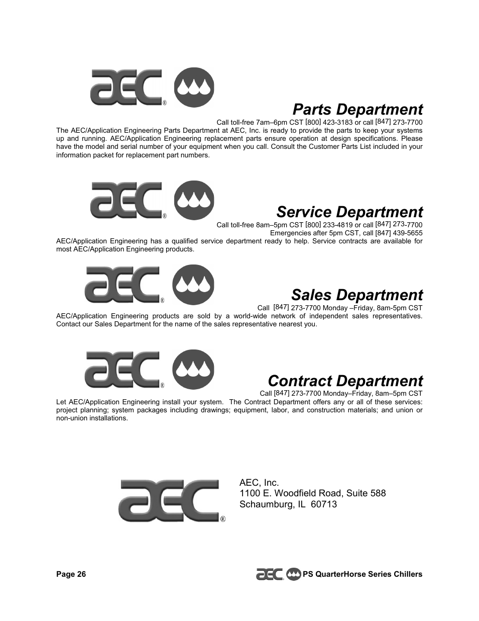 Parts department, Service department, Sales department | Contract department | HP QuarterHorse Series 0.25 hp Portable Chiller PS-025 User Manual | Page 26 / 28