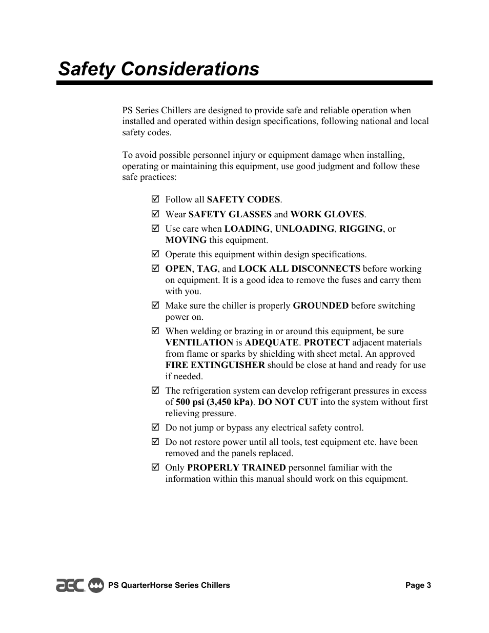 Safety considerations | HP QuarterHorse Series 0.25 hp Portable Chiller PS-025 User Manual | Page 3 / 28