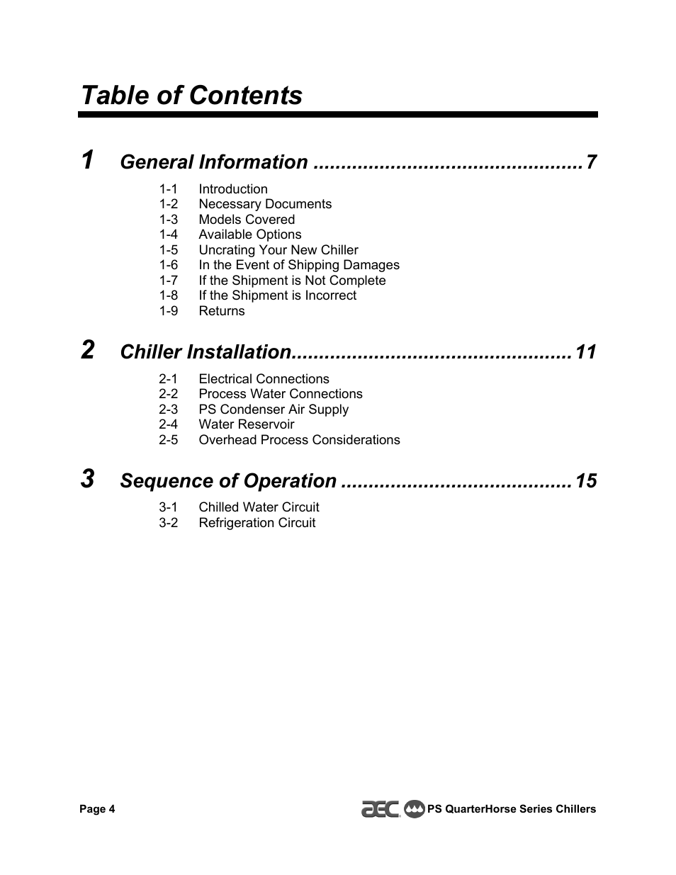 Table of contents 1, General information, Chiller installation | Sequence of operation | HP QuarterHorse Series 0.25 hp Portable Chiller PS-025 User Manual | Page 4 / 28