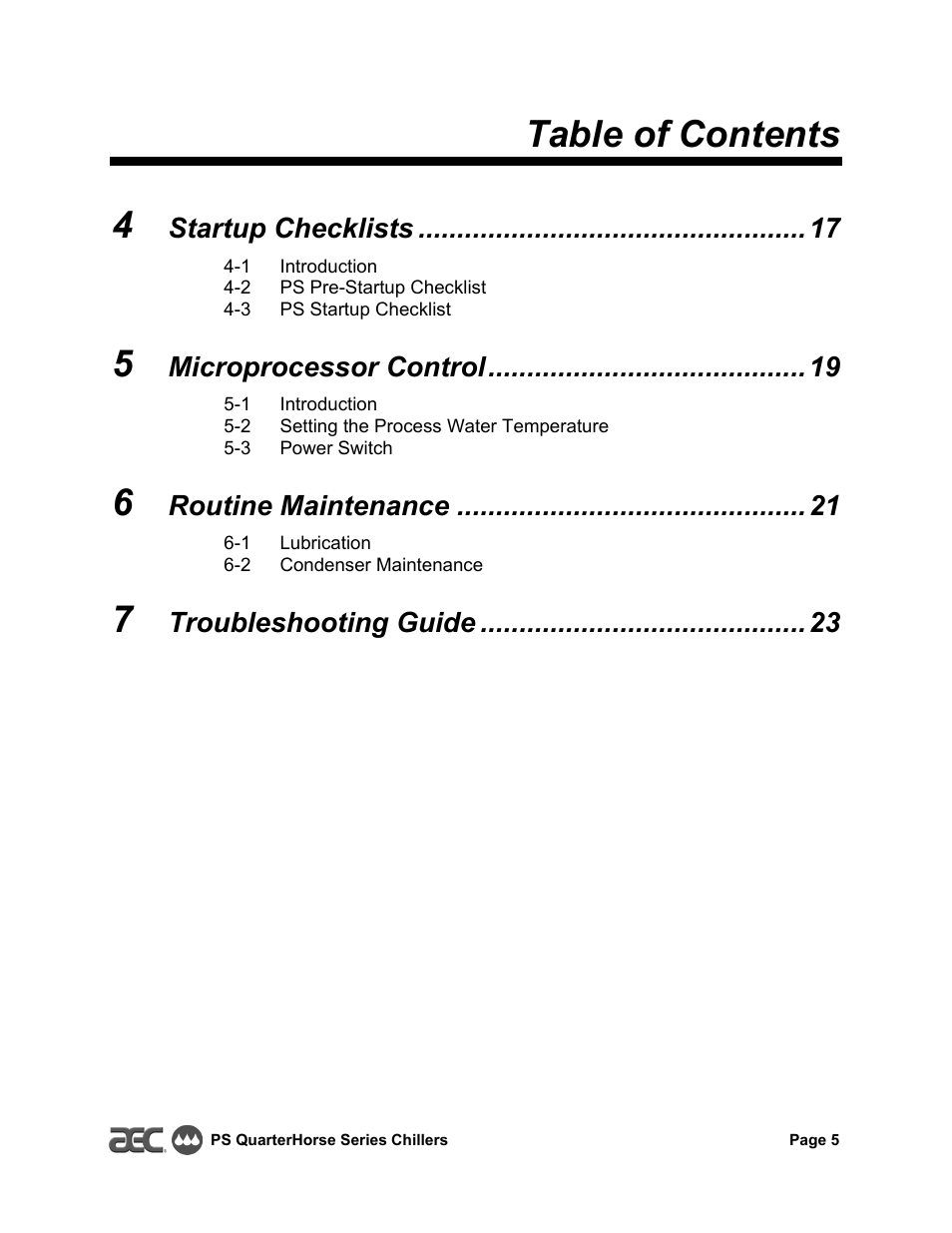 Table of contents 4, Startup checklists, Microprocessor control | Routine maintenance, Troubleshooting guide | HP QuarterHorse Series 0.25 hp Portable Chiller PS-025 User Manual | Page 5 / 28