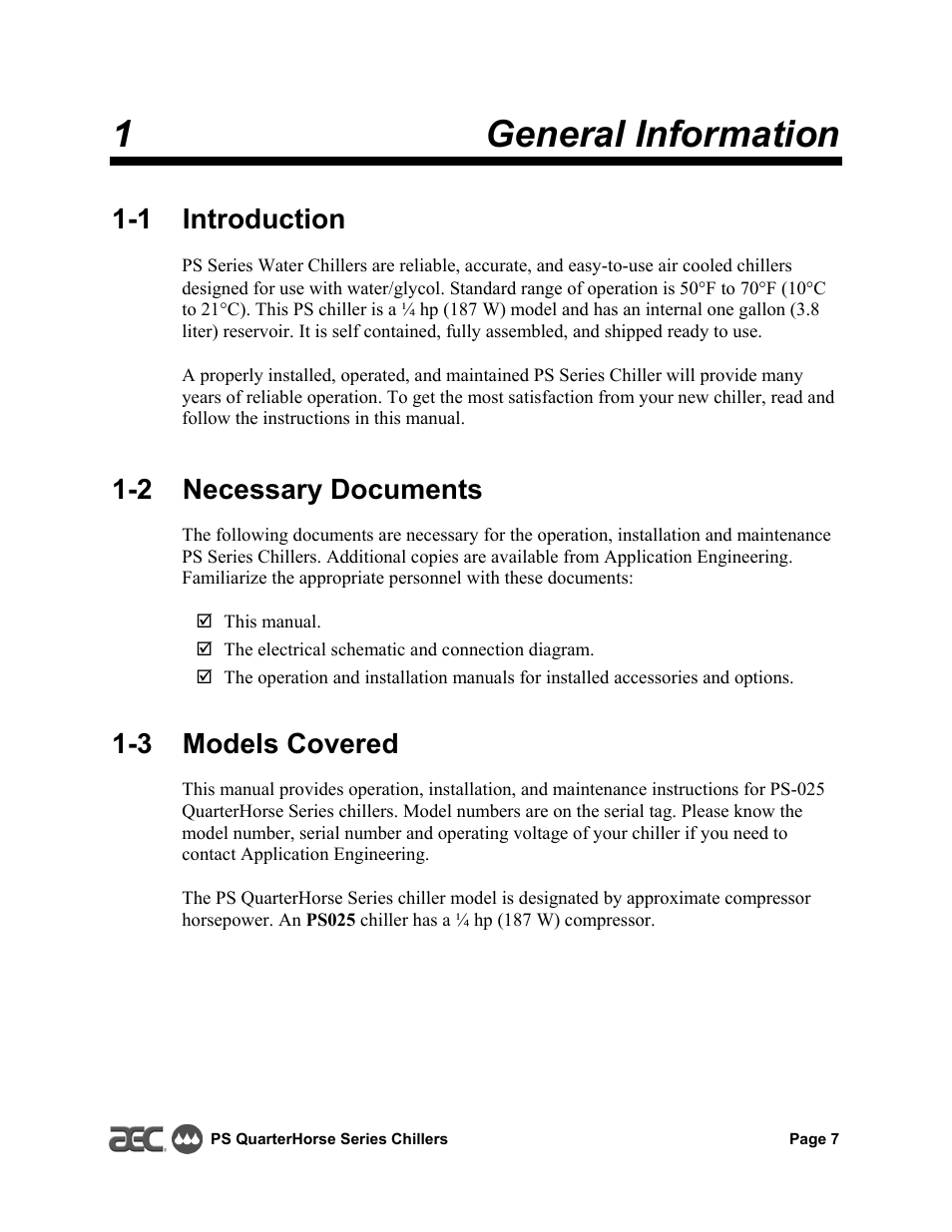 1general information, 1 introduction, 2 necessary documents | 3 models covered | HP QuarterHorse Series 0.25 hp Portable Chiller PS-025 User Manual | Page 7 / 28