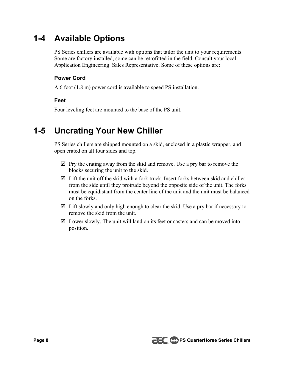 4 available options, 5 uncrating your new chiller | HP QuarterHorse Series 0.25 hp Portable Chiller PS-025 User Manual | Page 8 / 28