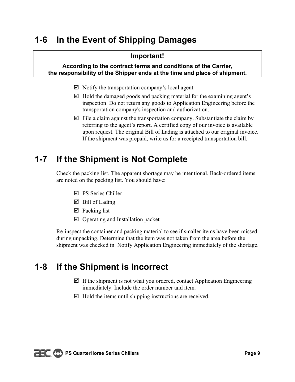 6 in the event of shipping damages, 7 if the shipment is not complete, 8 if the shipment is incorrect | HP QuarterHorse Series 0.25 hp Portable Chiller PS-025 User Manual | Page 9 / 28