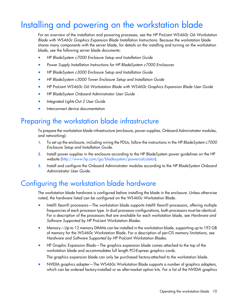 Installing and powering on the workstation blade, Preparing the workstation blade infrastructure, Configuring the workstation blade hardware | HP WS460C G6 User Manual | Page 10 / 47