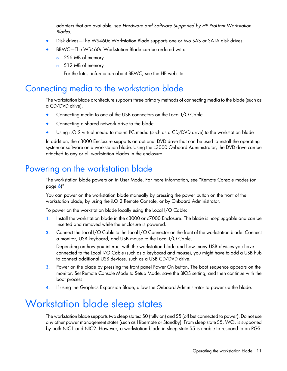 Connecting media to the workstation blade, Powering on the workstation blade, Workstation blade sleep states | HP WS460C G6 User Manual | Page 11 / 47