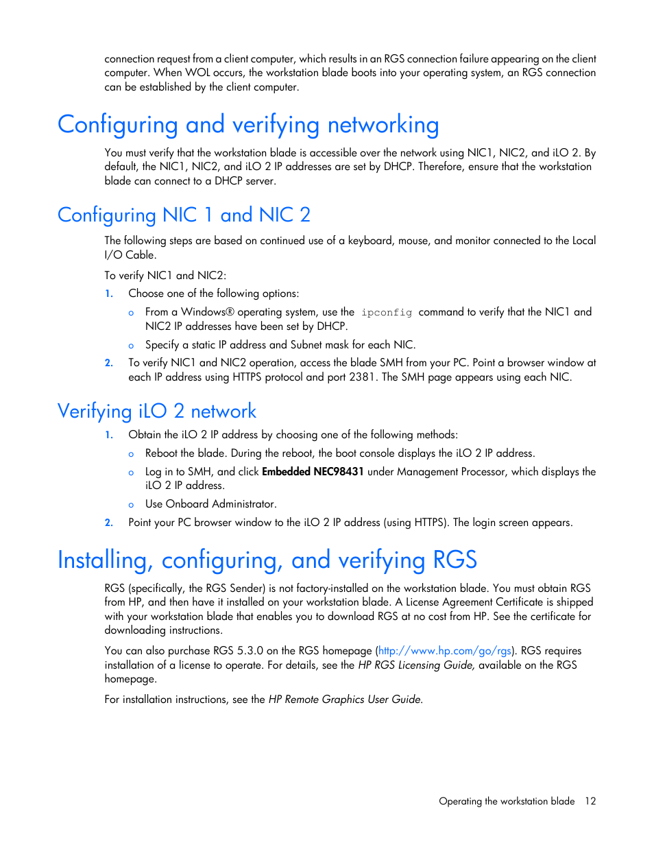 Configuring and verifying networking, Configuring nic 1 and nic 2, Verifying ilo 2 network | Installing, configuring, and verifying rgs | HP WS460C G6 User Manual | Page 12 / 47