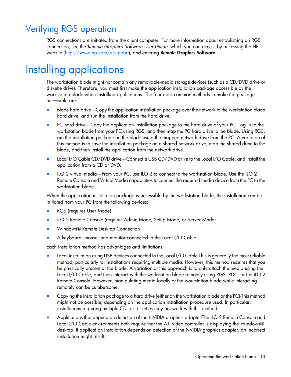 Verifying rgs operation, Installing applications | HP WS460C G6 User Manual | Page 13 / 47