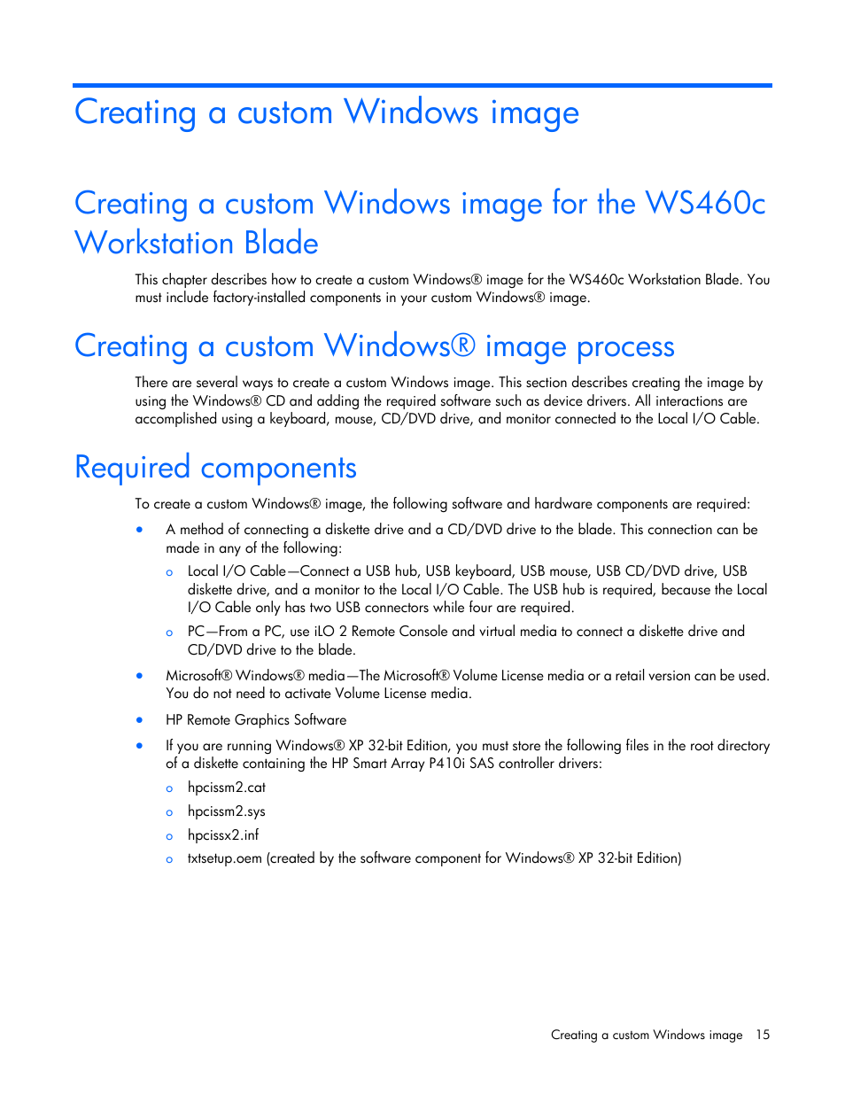 Creating a custom windows image, Creating a custom windows® image process, Required components | HP WS460C G6 User Manual | Page 15 / 47