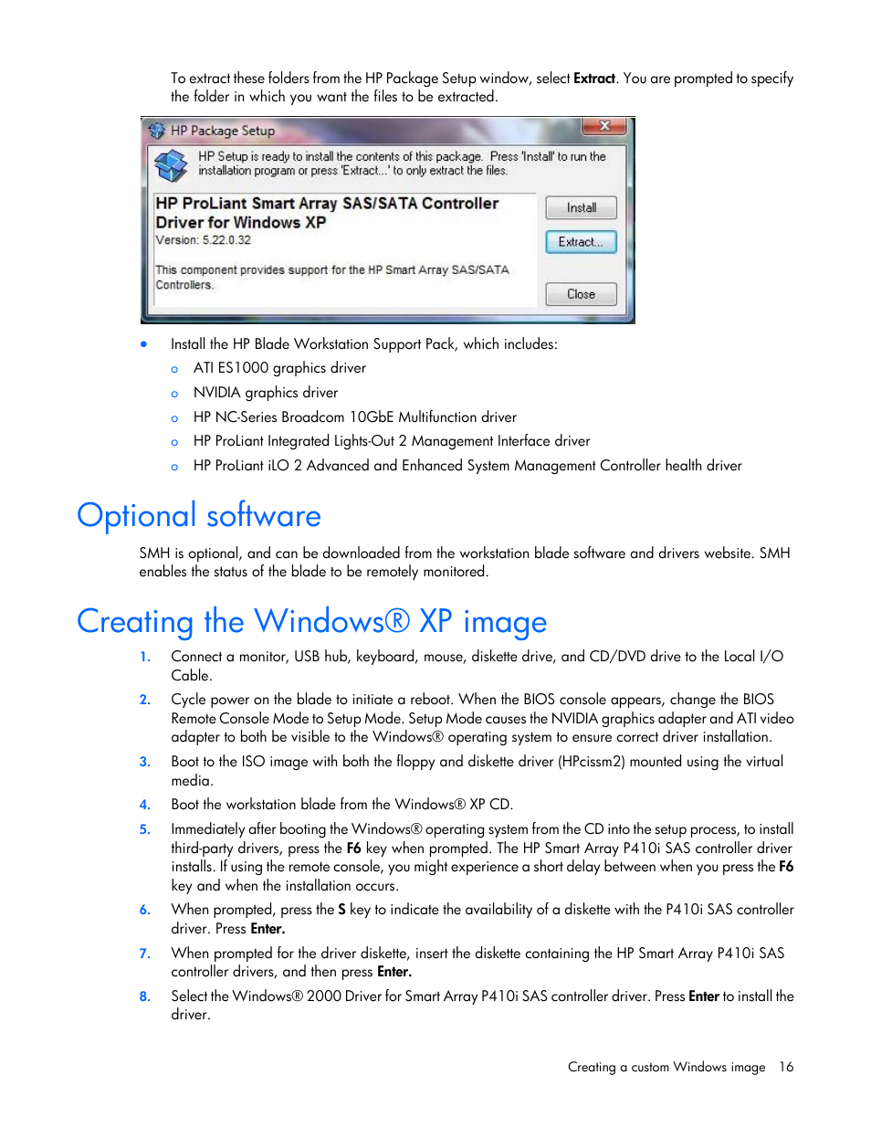 Optional software, Creating the windows® xp image | HP WS460C G6 User Manual | Page 16 / 47