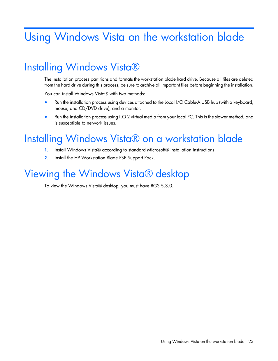 Using windows vista on the workstation blade, Installing windows vista, Installing windows vista® on a workstation blade | Viewing the windows vista® desktop | HP WS460C G6 User Manual | Page 23 / 47