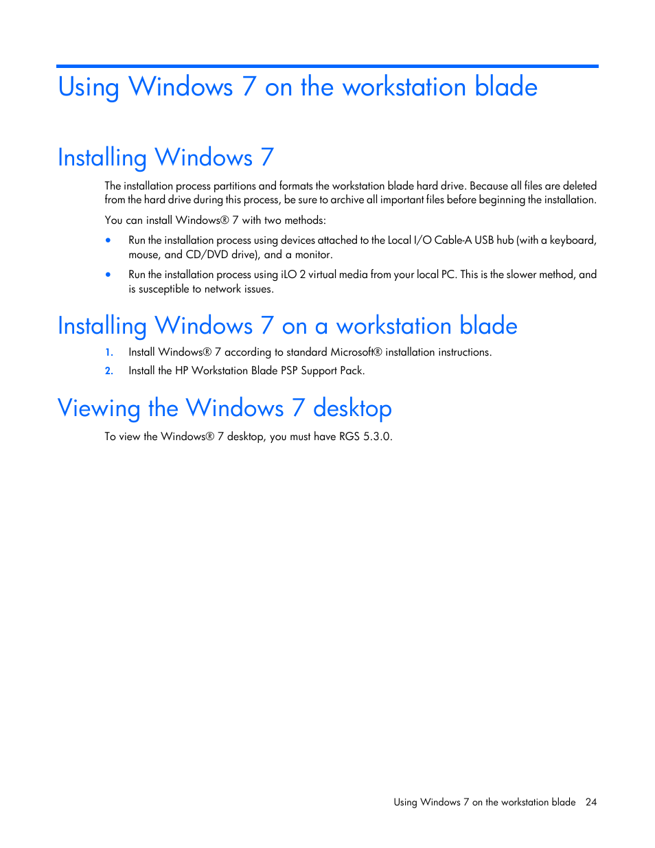 Using windows 7 on the workstation blade, Installing windows 7, Installing windows 7 on a workstation blade | Viewing the windows 7 desktop | HP WS460C G6 User Manual | Page 24 / 47