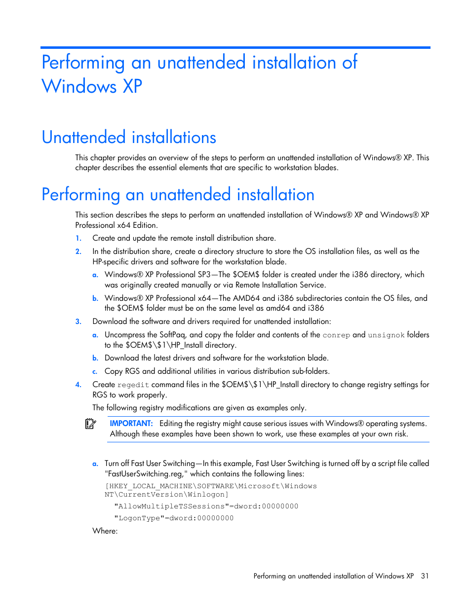 Unattended installations, Performing an unattended installation | HP WS460C G6 User Manual | Page 31 / 47