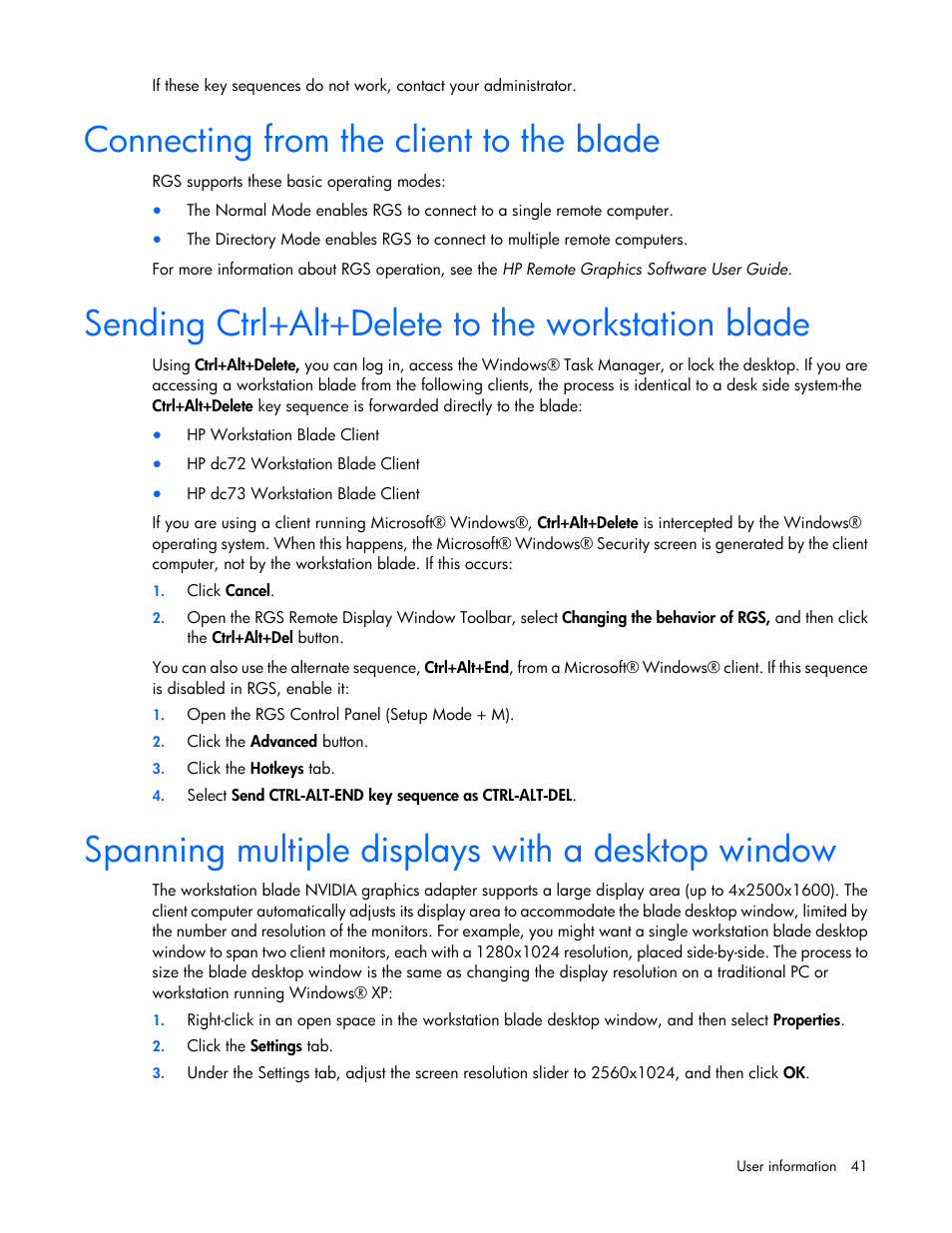 Connecting from the client to the blade, Sending ctrl+alt+delete to the workstation blade, Spanning multiple displays with a desktop window | HP WS460C G6 User Manual | Page 41 / 47