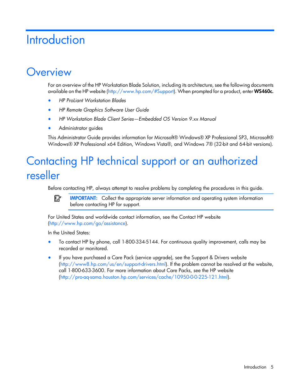 Introduction, Overview | HP WS460C G6 User Manual | Page 5 / 47