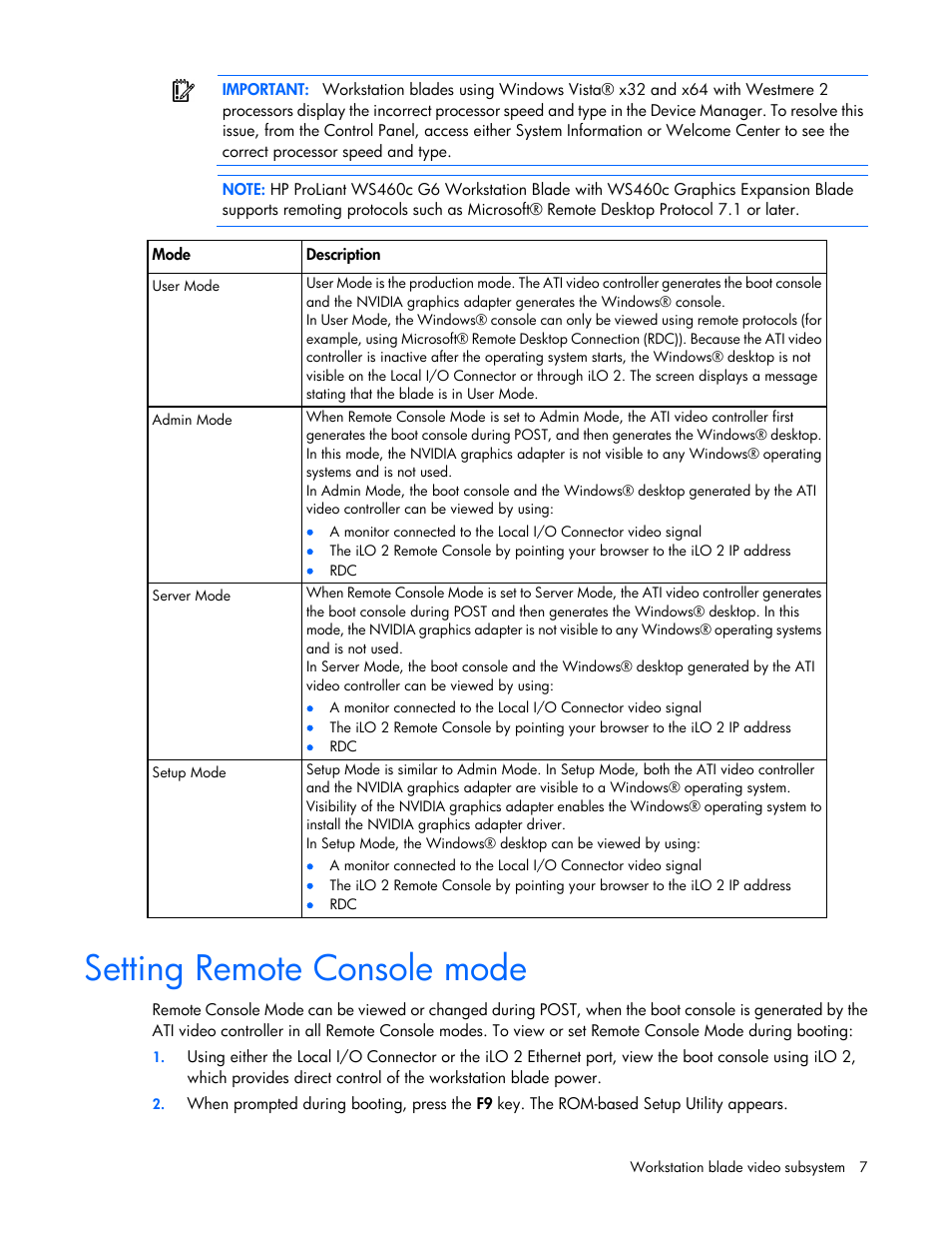 Setting remote console mode | HP WS460C G6 User Manual | Page 7 / 47