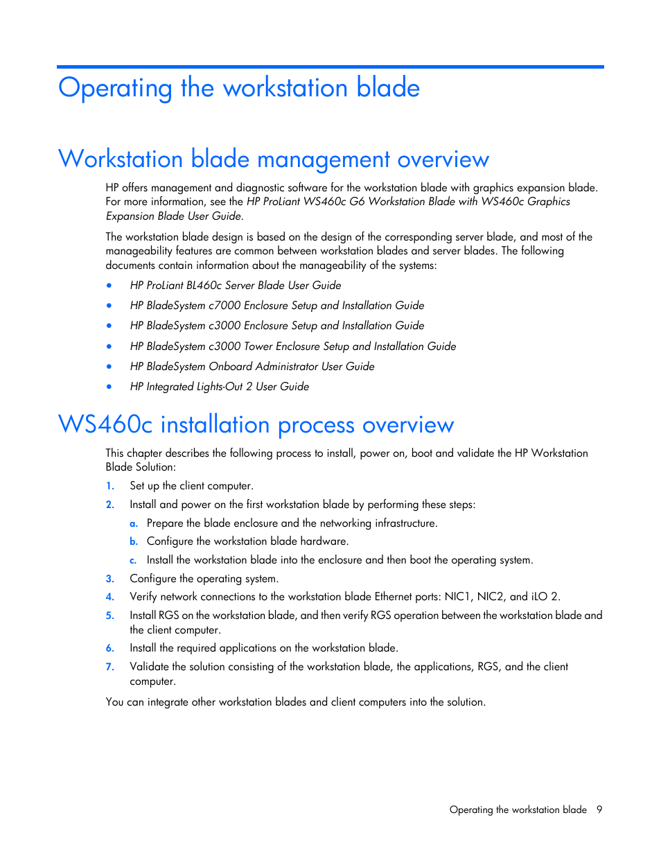Operating the workstation blade, Workstation blade management overview, Ws460c installation process overview | HP WS460C G6 User Manual | Page 9 / 47