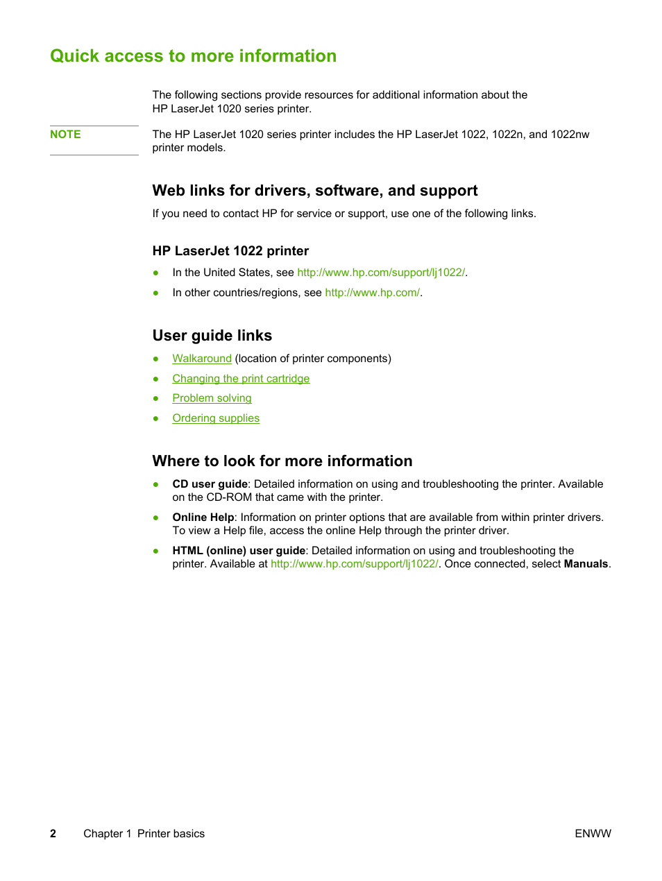 Quick access to more information, Web links for drivers, software, and support, User guide links | Where to look for more information | HP 1022 User Manual | Page 10 / 126