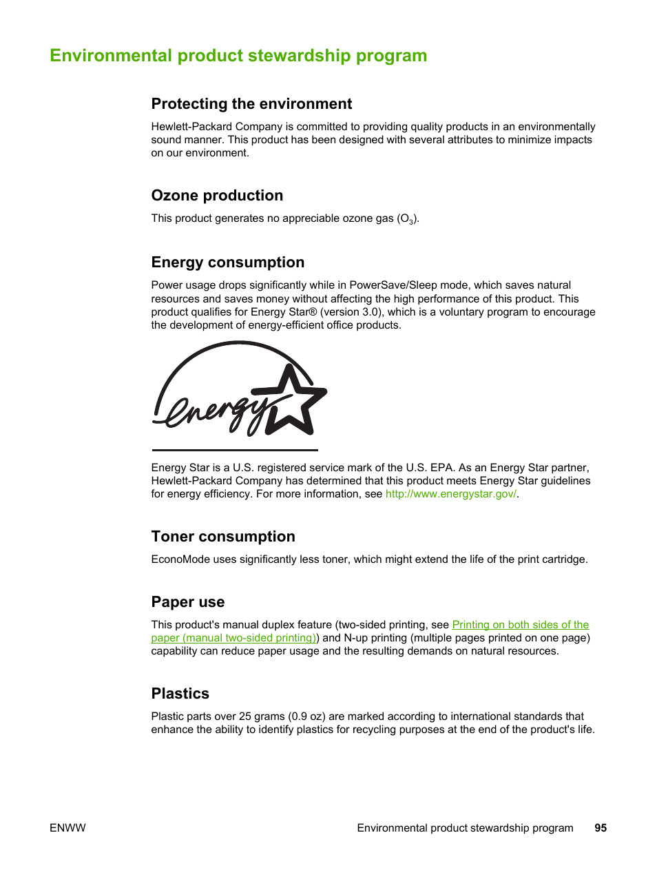 Environmental product stewardship program, Protecting the environment, Ozone production | Energy consumption, Toner consumption, Paper use, Plastics, Toner consumption paper use plastics | HP 1022 User Manual | Page 103 / 126