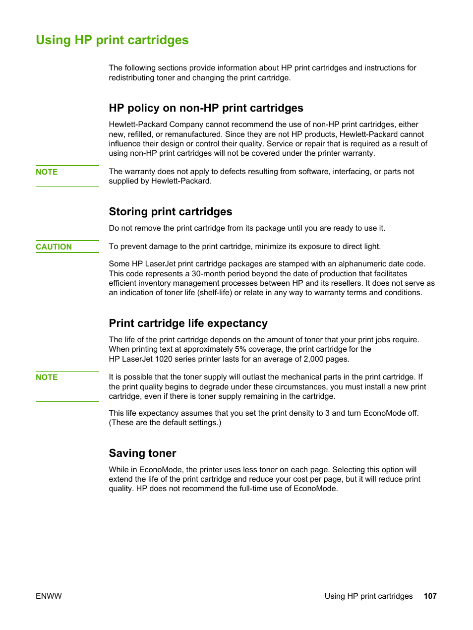 Using hp print cartridges, Hp policy on non-hp print cartridges, Storing print cartridges | Print cartridge life expectancy, Saving toner | HP 1022 User Manual | Page 115 / 126