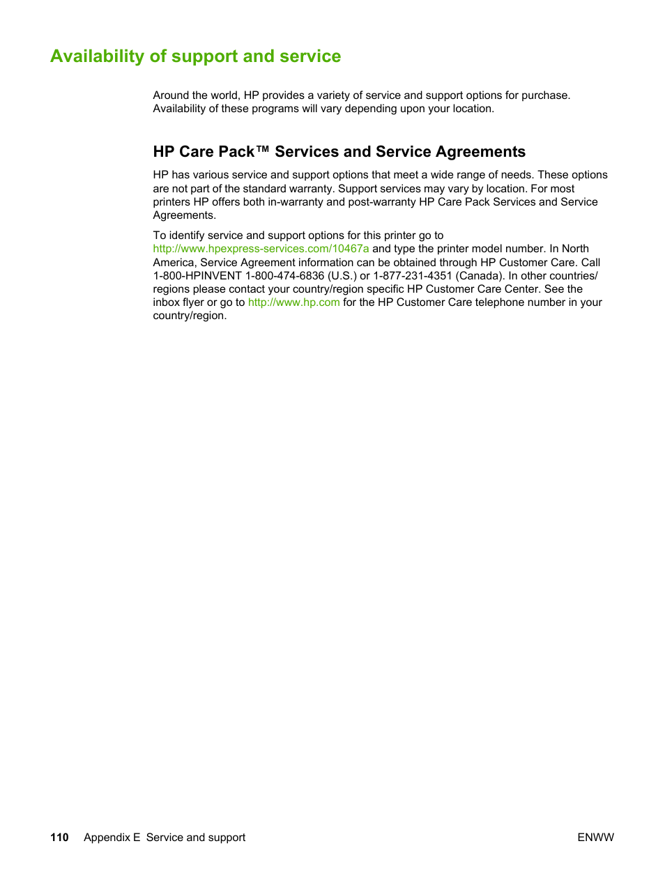 Availability of support and service, Hp care pack™ services and service agreements | HP 1022 User Manual | Page 118 / 126