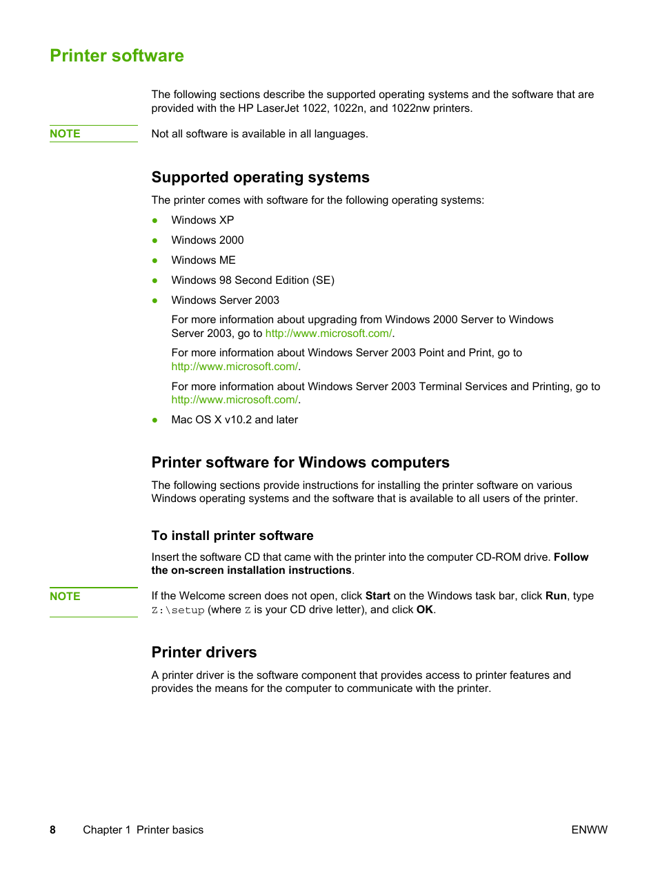 Printer software, Supported operating systems, Printer software for windows computers | Printer drivers | HP 1022 User Manual | Page 16 / 126