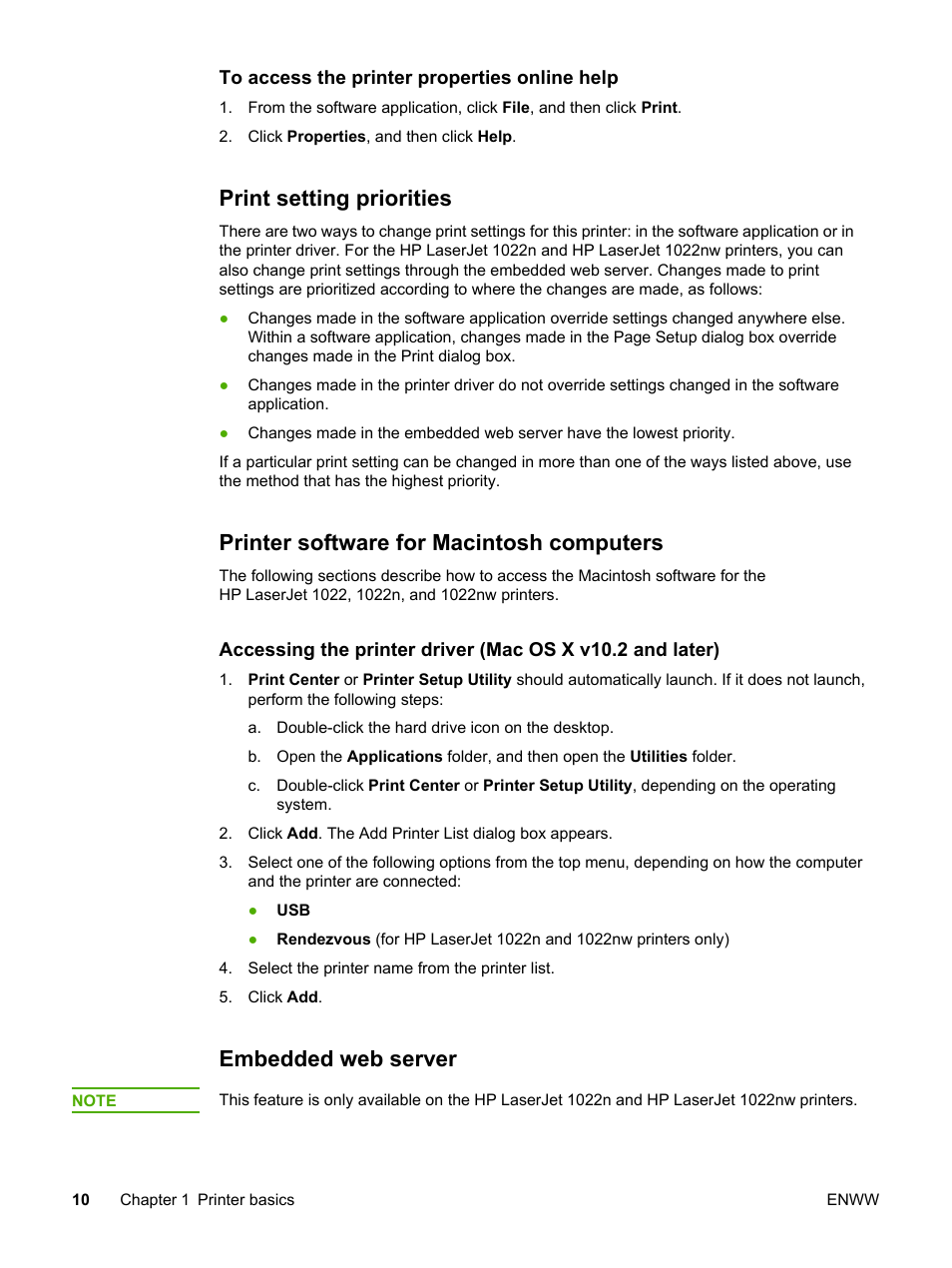 Print setting priorities, Printer software for macintosh computers, Embedded web server | HP 1022 User Manual | Page 18 / 126