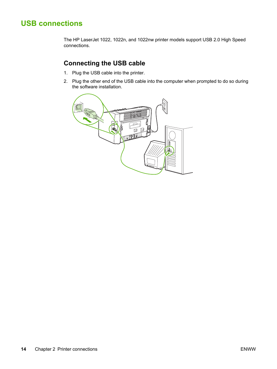 Usb connections, Connecting the usb cable | HP 1022 User Manual | Page 22 / 126