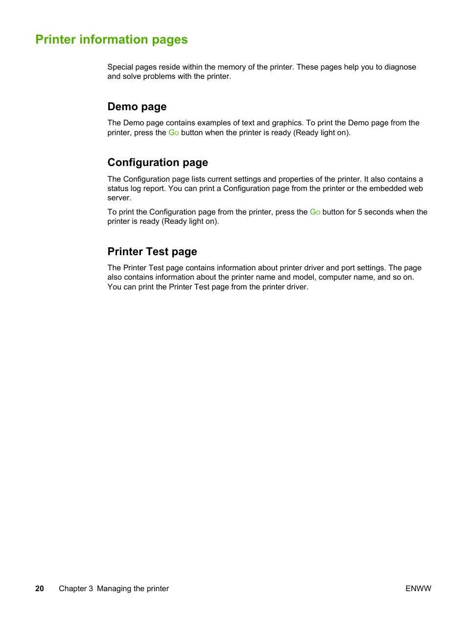 Printer information pages, Demo page, Configuration page | Printer test page | HP 1022 User Manual | Page 28 / 126