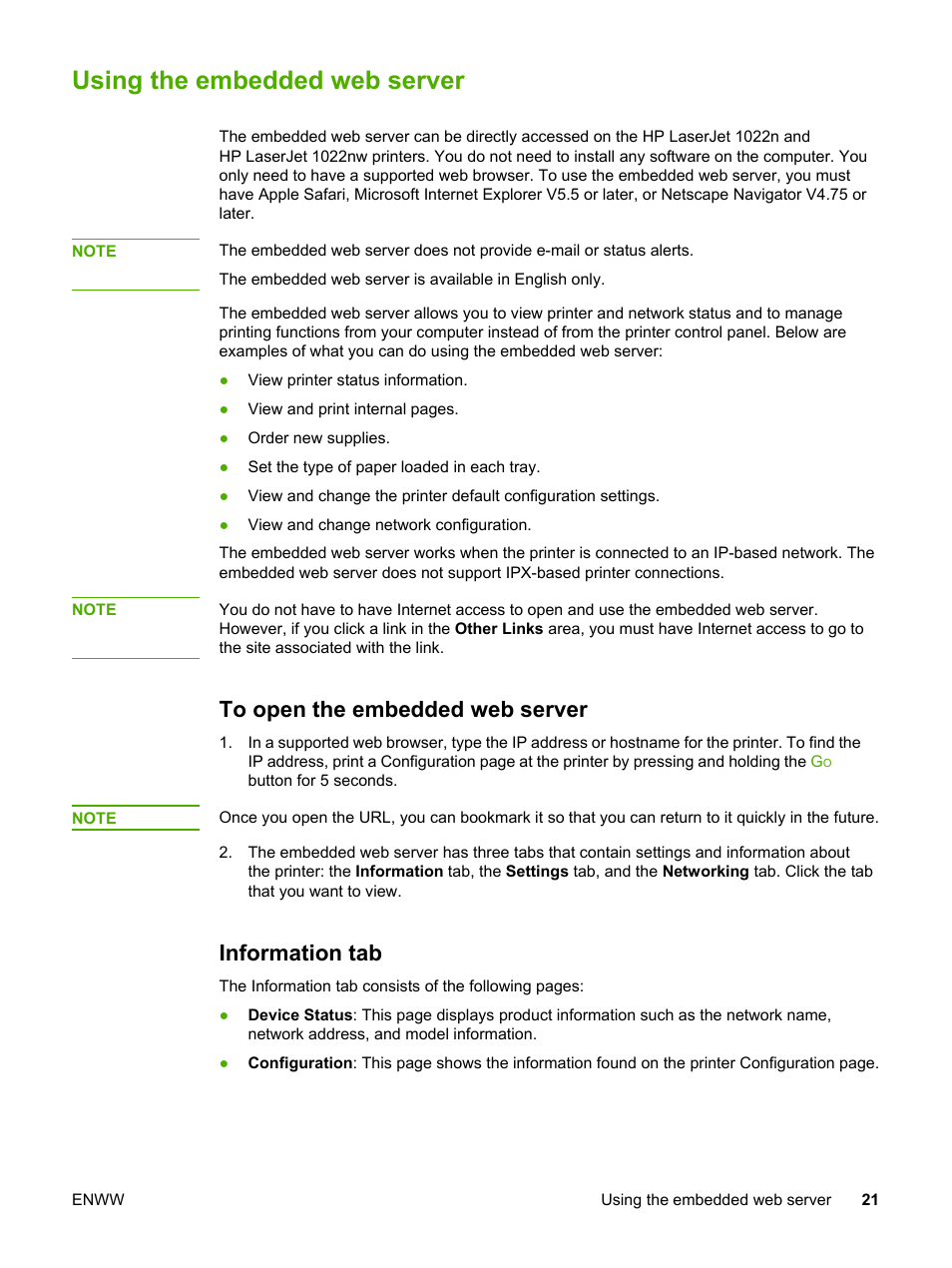 Using the embedded web server, To open the embedded web server, Information tab | HP 1022 User Manual | Page 29 / 126