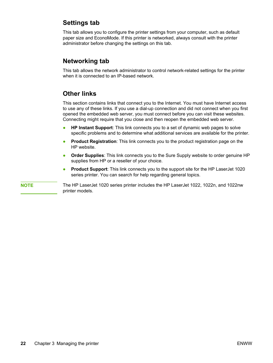 Settings tab, Networking tab, Other links | Settings tab networking tab other links | HP 1022 User Manual | Page 30 / 126