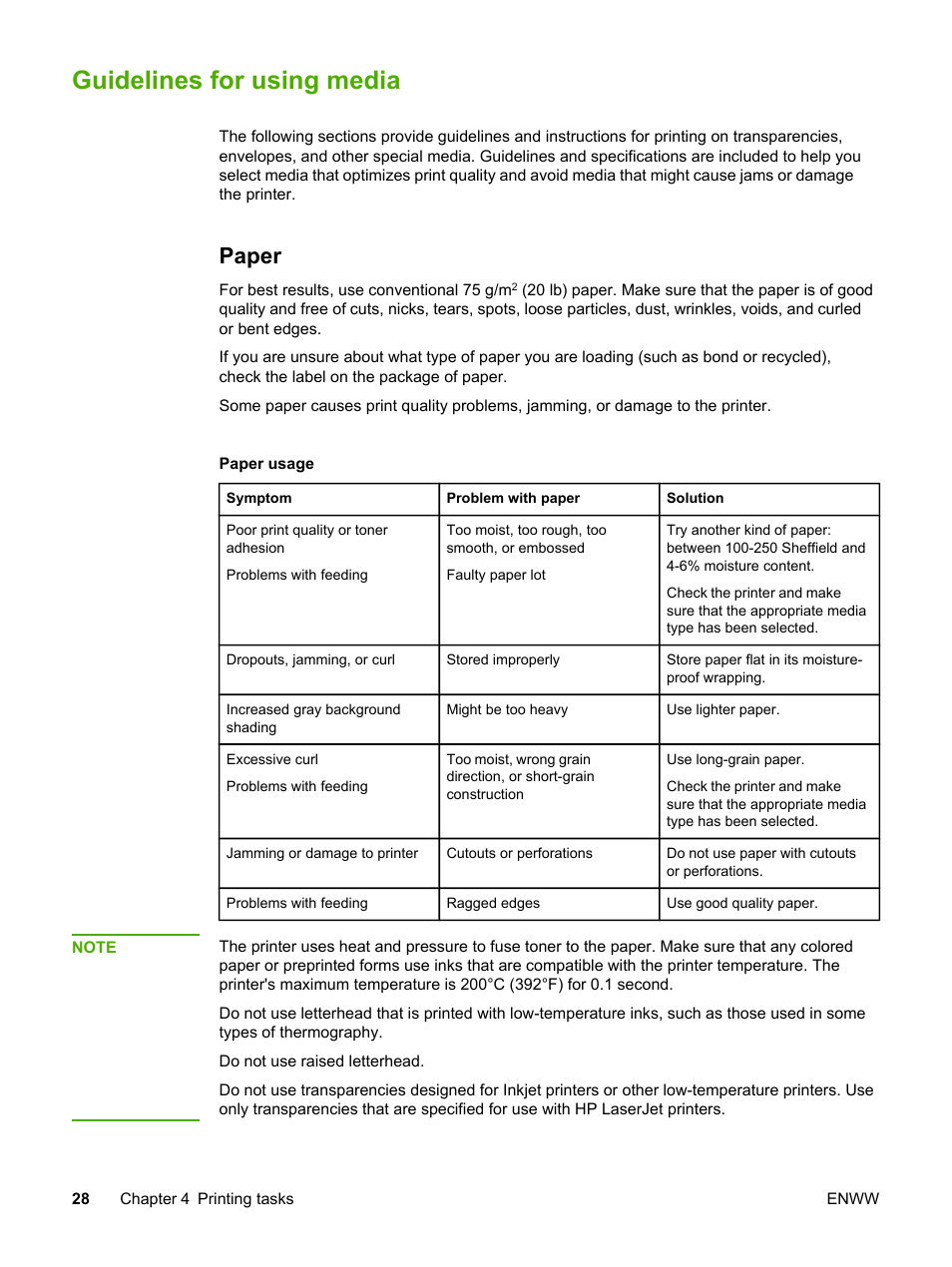 Guidelines for using media, Paper | HP 1022 User Manual | Page 36 / 126