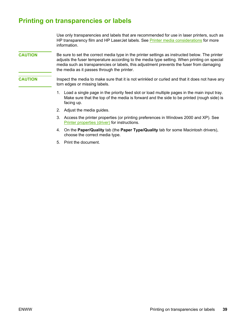Printing on transparencies or labels | HP 1022 User Manual | Page 47 / 126