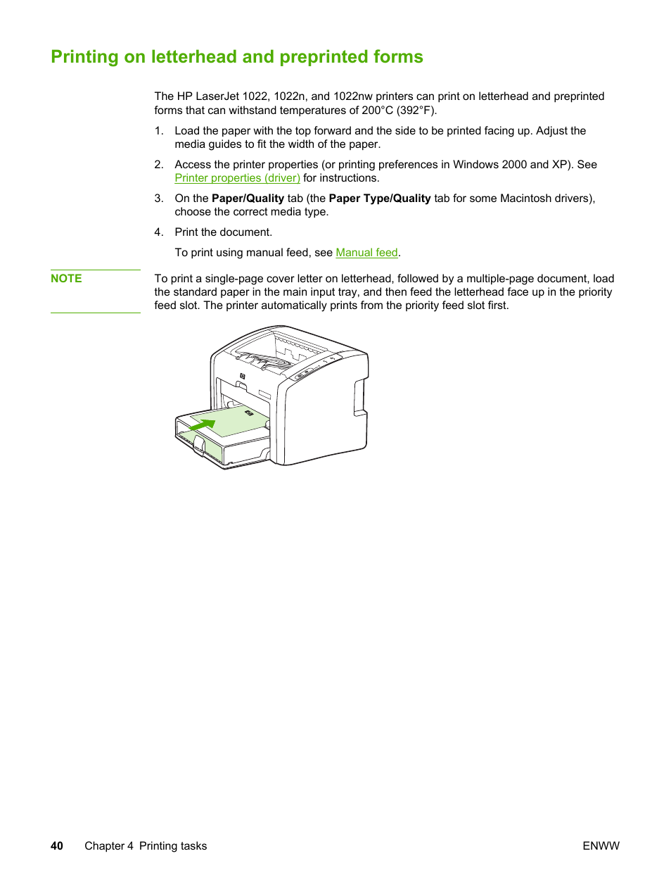 Printing on letterhead and preprinted forms | HP 1022 User Manual | Page 48 / 126