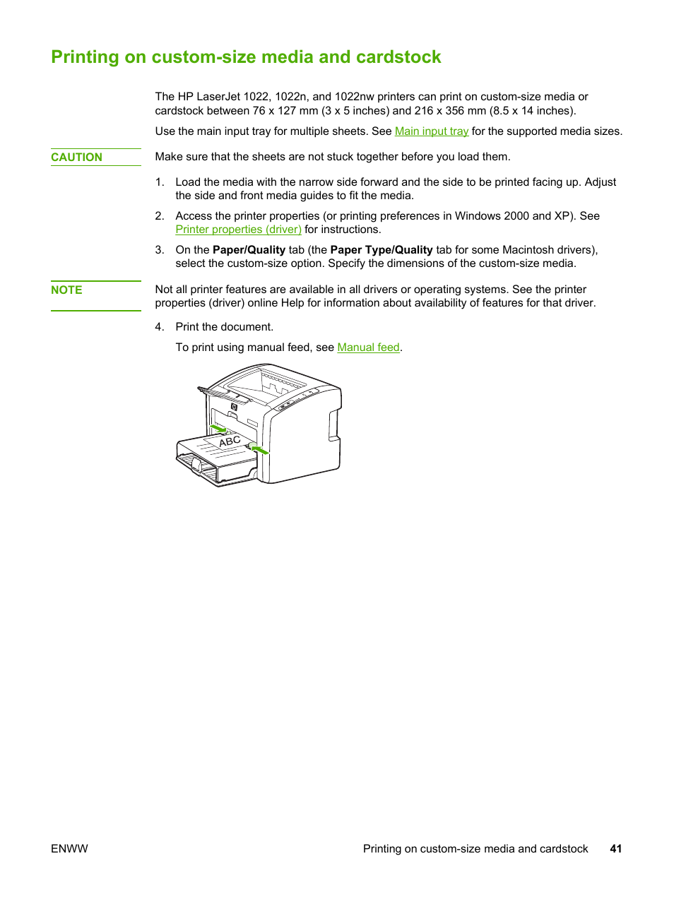 Printing on custom-size media and cardstock | HP 1022 User Manual | Page 49 / 126