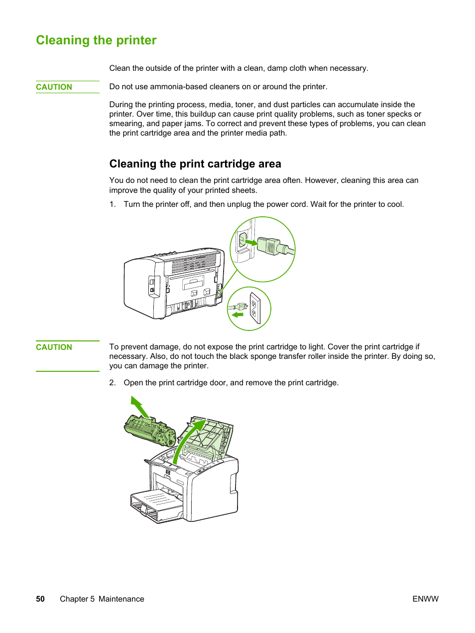 Cleaning the printer, Cleaning the print cartridge area | HP 1022 User Manual | Page 58 / 126