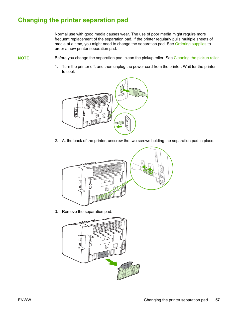 Changing the printer separation pad | HP 1022 User Manual | Page 65 / 126