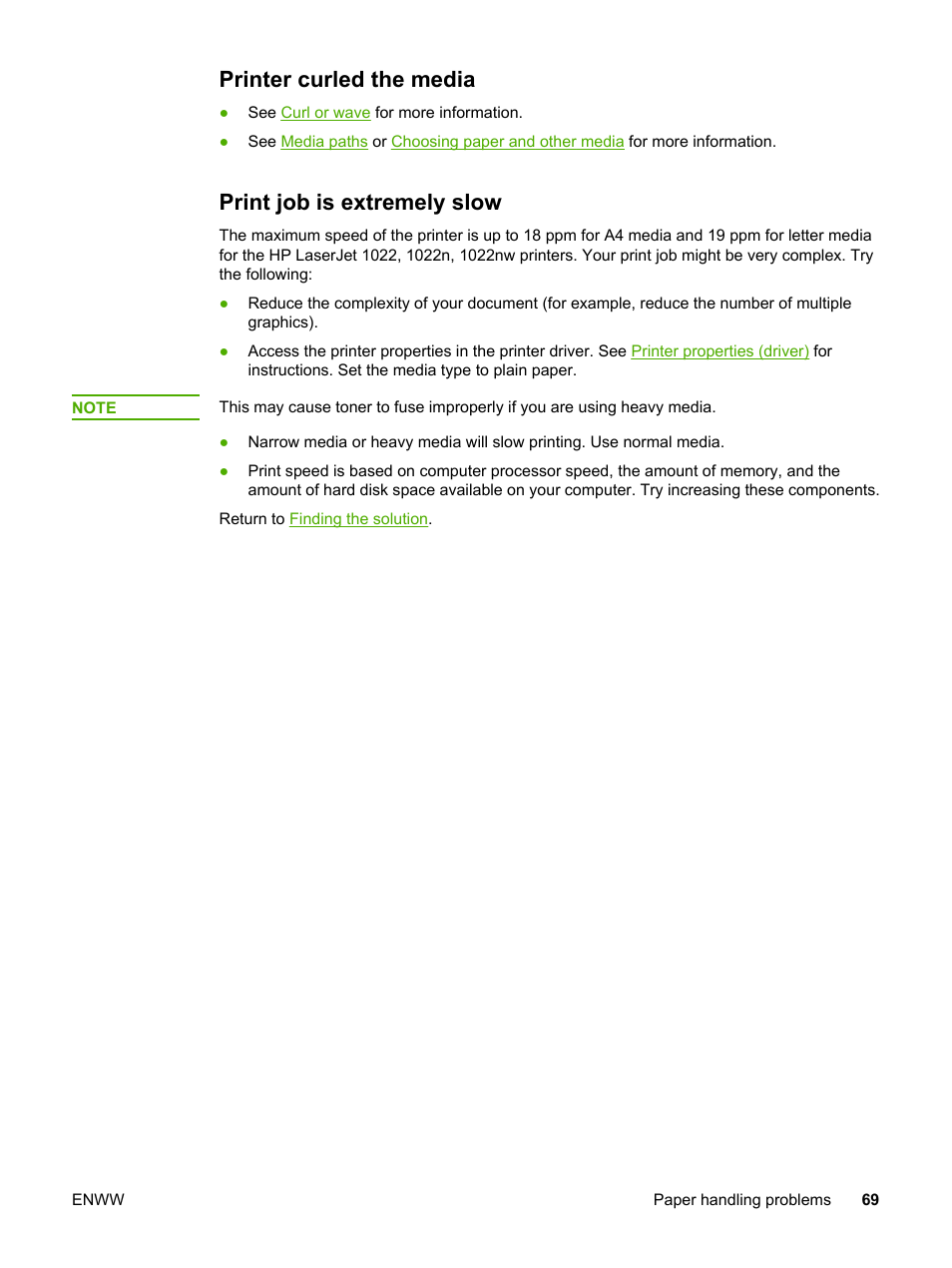 Printer curled the media, Print job is extremely slow | HP 1022 User Manual | Page 77 / 126