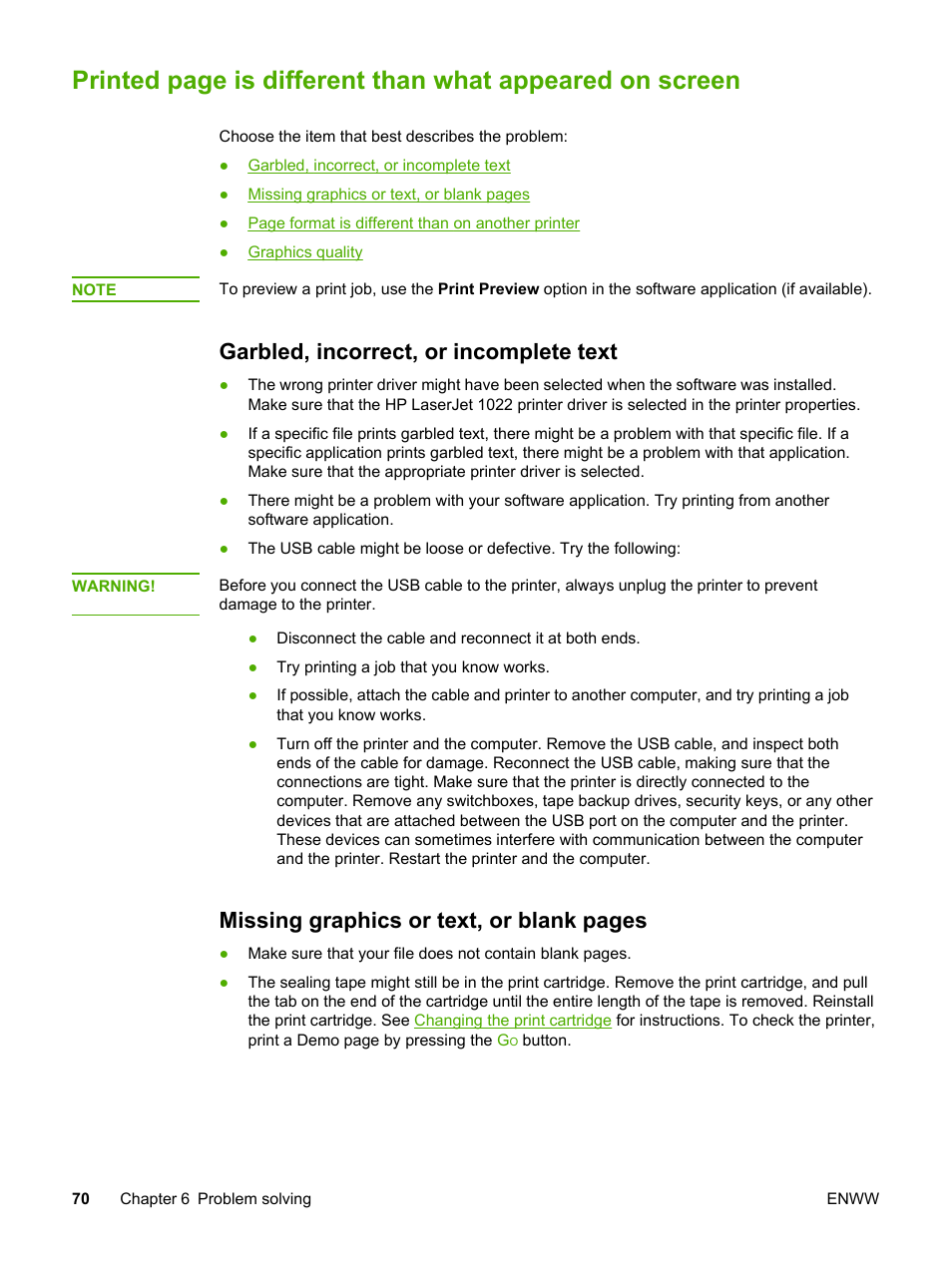 Garbled, incorrect, or incomplete text, Appeared on screen, Missing graphics or text, or blank pages | HP 1022 User Manual | Page 78 / 126