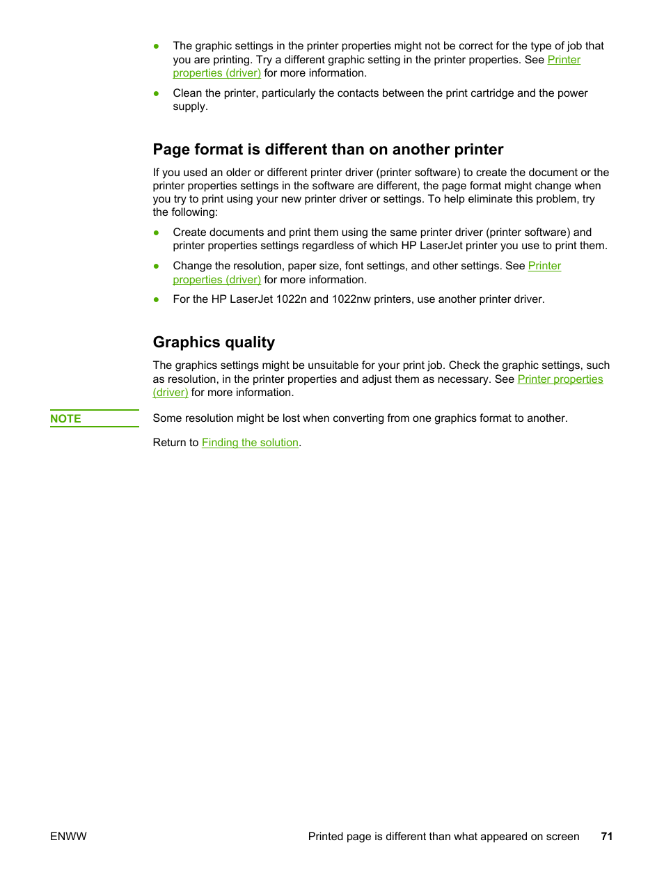 Graphics quality, Page format is different than on another printer | HP 1022 User Manual | Page 79 / 126