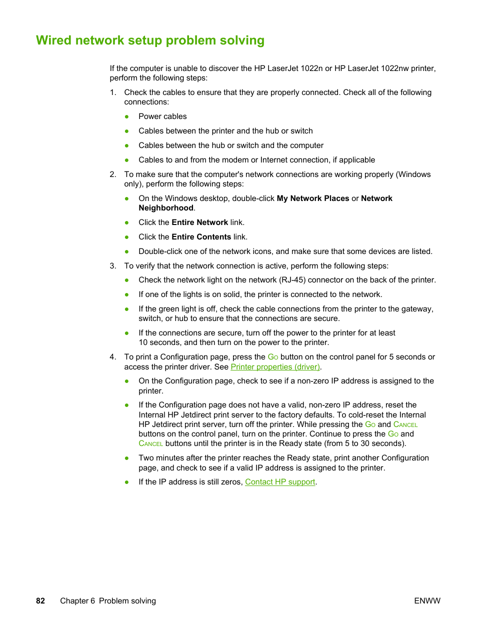 Wired network setup problem solving | HP 1022 User Manual | Page 90 / 126