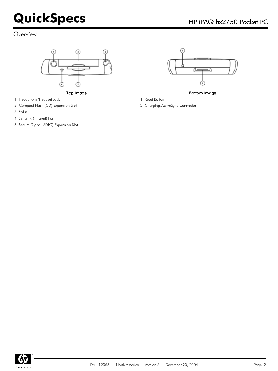Quickspecs, Hp ipaq hx2750 pocket pc, Hp ipaq hx2750 pocket pc overview | HP IPAQ HX2750 User Manual | Page 2 / 9