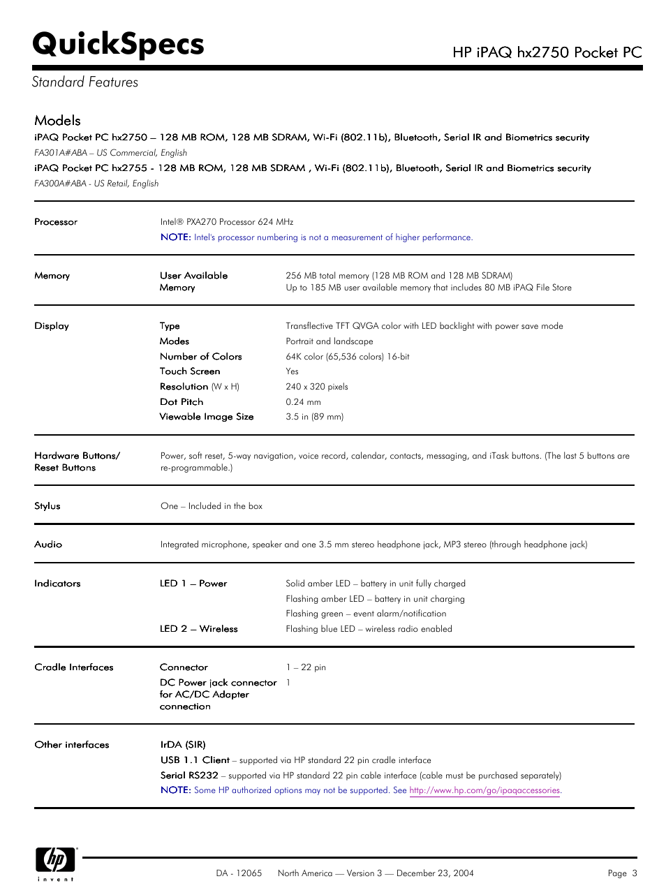Standard features, Quickspecs, Hp ipaq hx2750 pocket pc | Hp ipaq hx2750 pocket pc standard features, Models | HP IPAQ HX2750 User Manual | Page 3 / 9