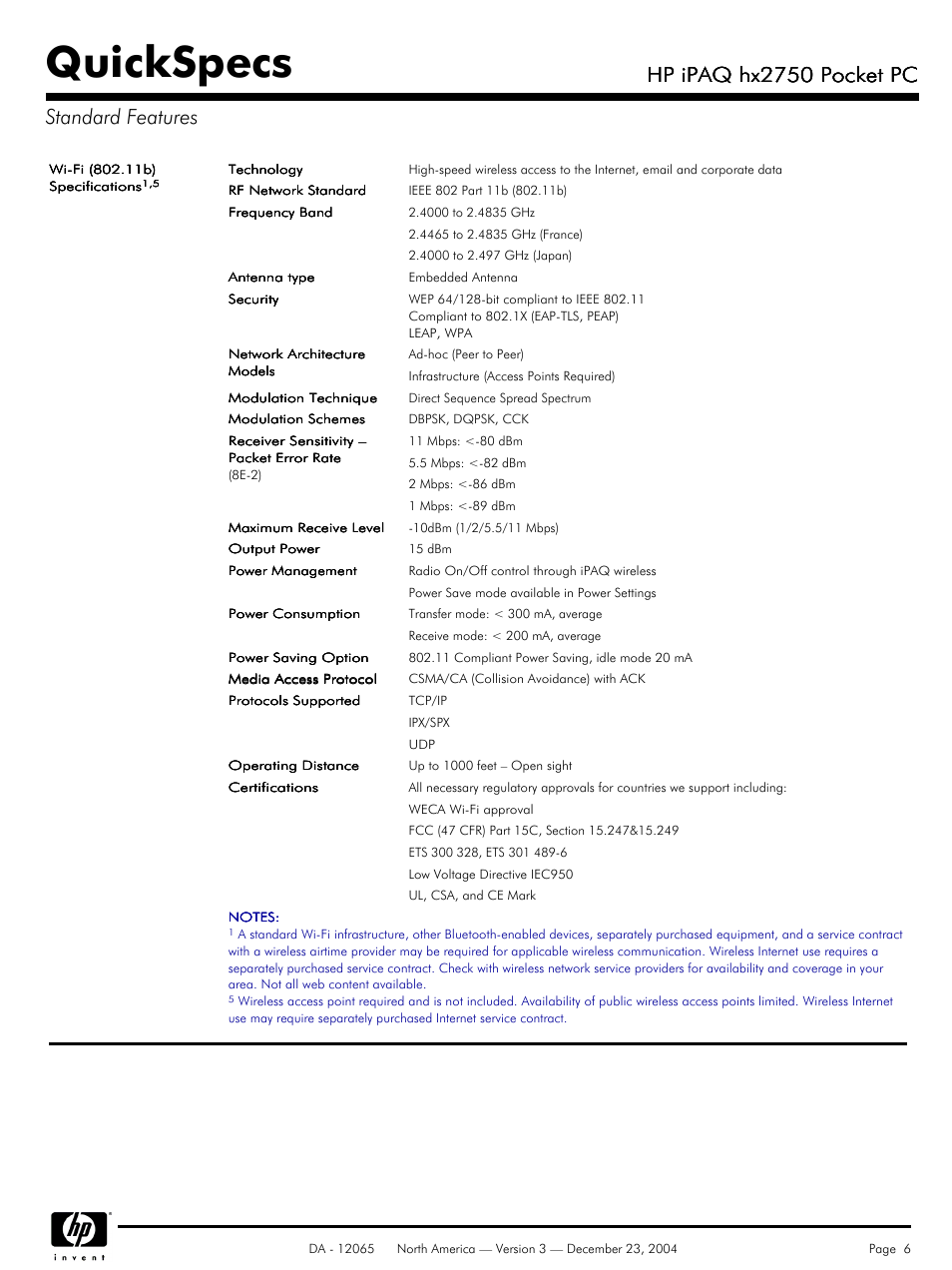Quickspecs, Hp ipaq hx2750 pocket pc, Hp ipaq hx2750 pocket pc standard features | HP IPAQ HX2750 User Manual | Page 6 / 9